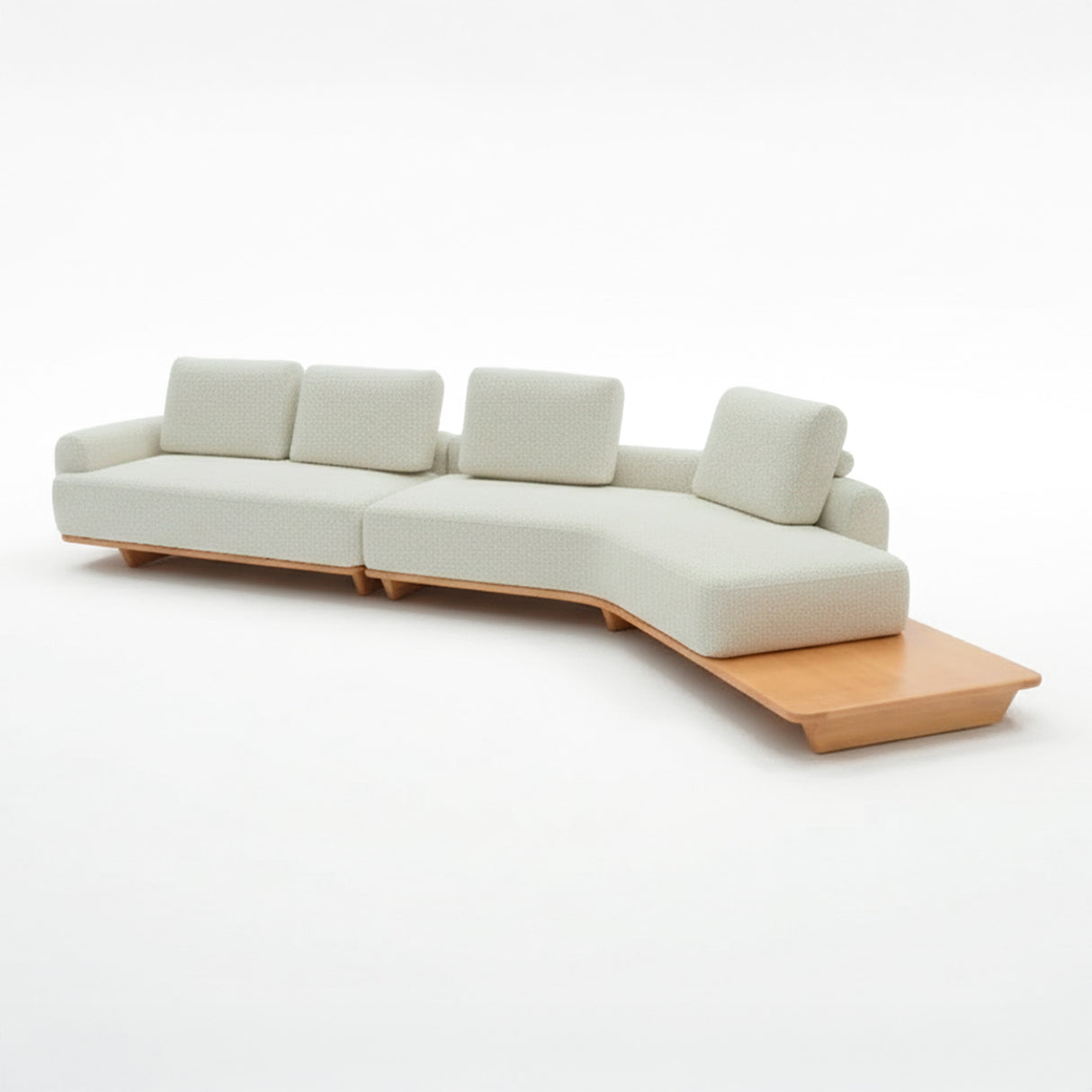 Sofá de dos cuerpos con pouf del lado derecho y mesa de madera