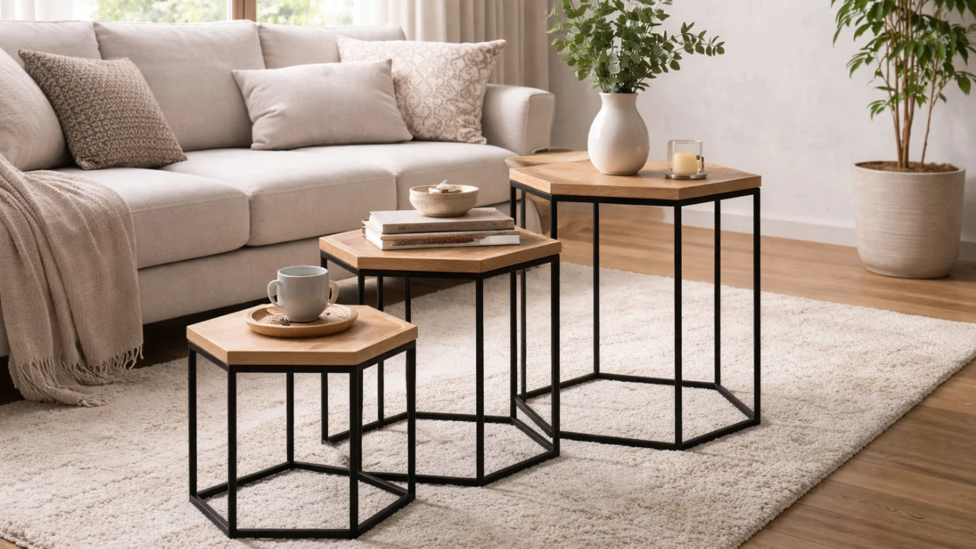 Conjunto de mesas laterales Alpes de madera natural y estructura metálica negra en living moderno y luminoso_png