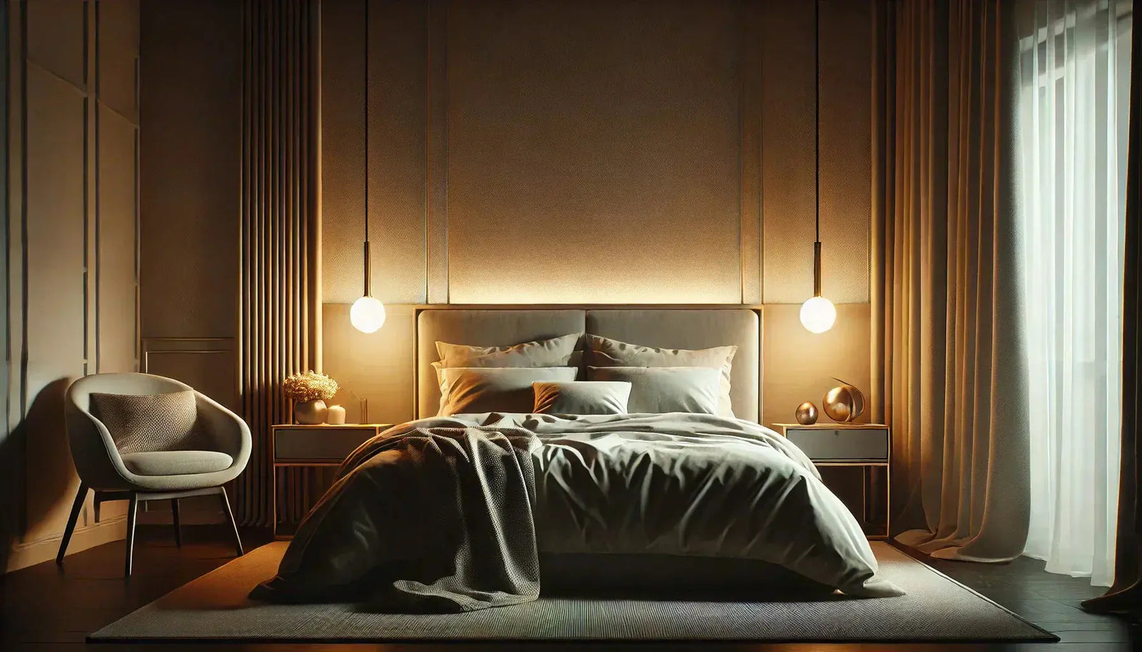 Dormitorio moderno con iluminación tenue y lámparas colgantes de luz cálida a ambos lados de la cama, creando un ambiente acogedor.