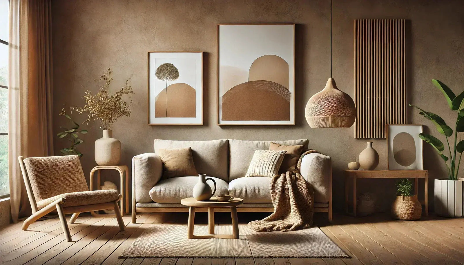 Sala de estar decorada en tonos tierra con sofá beige, cuadros abstractos, alfombra de yute y lámpara colgante de fibra natural.