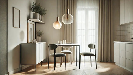 Comedor pequeño y moderno con mesa rectangular, sillas minimalistas y lámparas colgantes decorativas sobre la mesa.