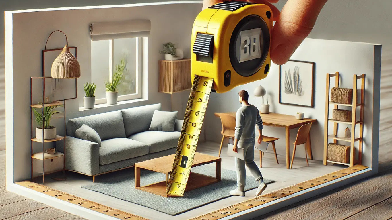 Persona midiendo una sala pequeña con una cinta métrica gigante, destacando la importancia de calcular el espacio antes de elegir los muebles.