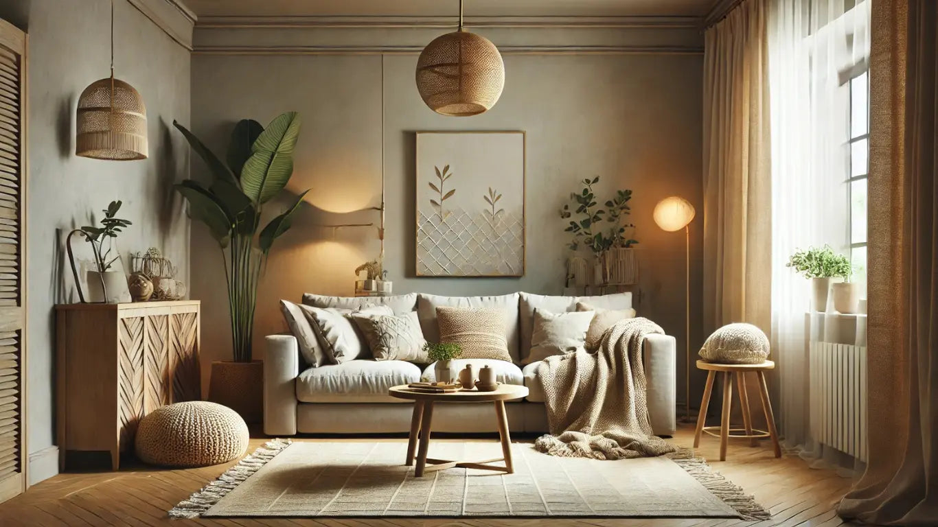 Sala de estar moderna y acogedora con iluminación cálida, sofá beige con cojines, alfombra tejida y decoración en tonos tierra.