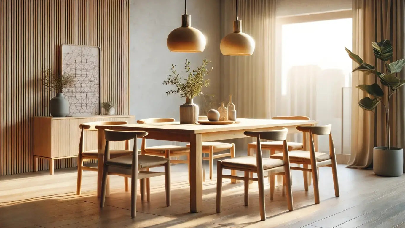 Comedor moderno con mesa y sillas de madera clara, decoración minimalista y luz natural suave entrando por la ventana.