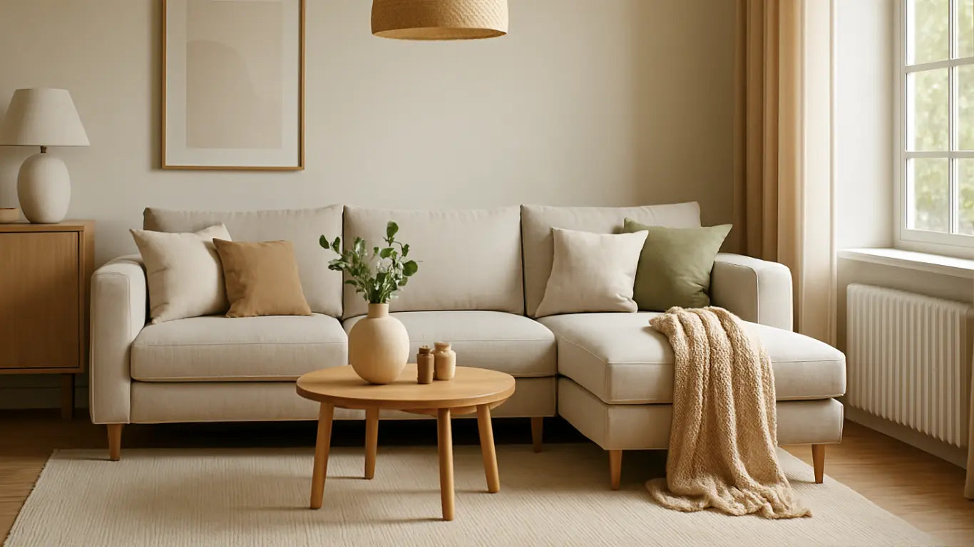 Sala moderna y luminosa con sofá seccional beige, cojines decorativos en tonos tierra y verde, mesa de centro redonda de madera clara y decoración minimalista.