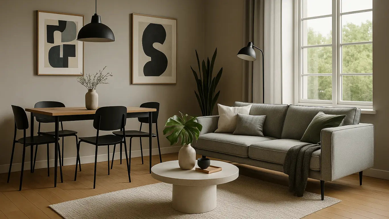 Sala de estar y comedor integrados en estilo minimalista e industrial, con sofá gris claro, mesa de centro redonda de cemento, comedor de madera clara con sillas negras, cuadros abstractos en blanco y negro, y plantas como costilla de Adán y sansevieria.