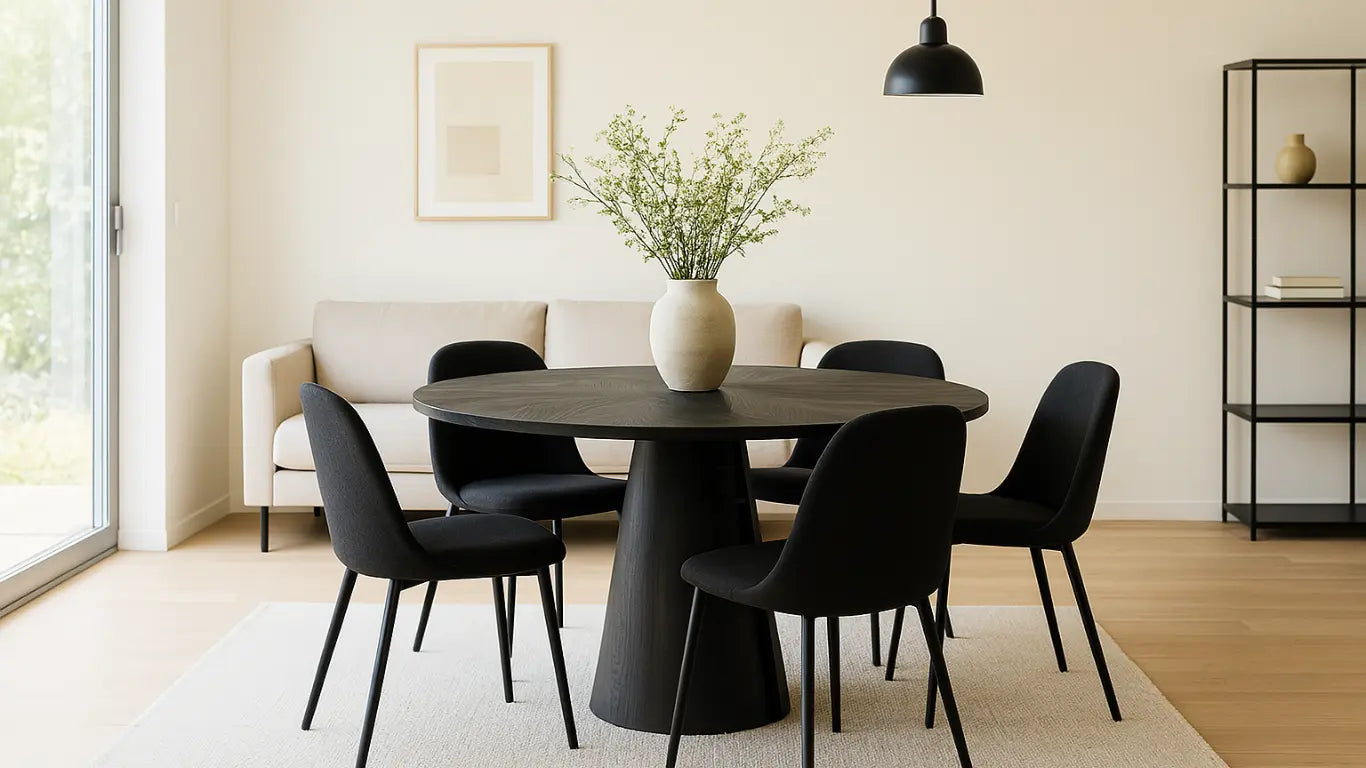 Espacio abierto y moderno con mesa de comedor de madera oscura, sillas negras y sofá beige en ambiente luminoso.