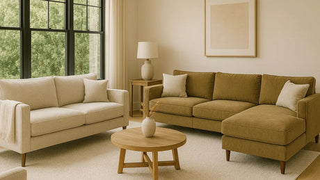 Sala de estar moderna en formato horizontal tipo banner, con sofá de tres plazas beige y sofá seccional color coñac, junto a una mesa de centro de diseño renovado en madera clara.