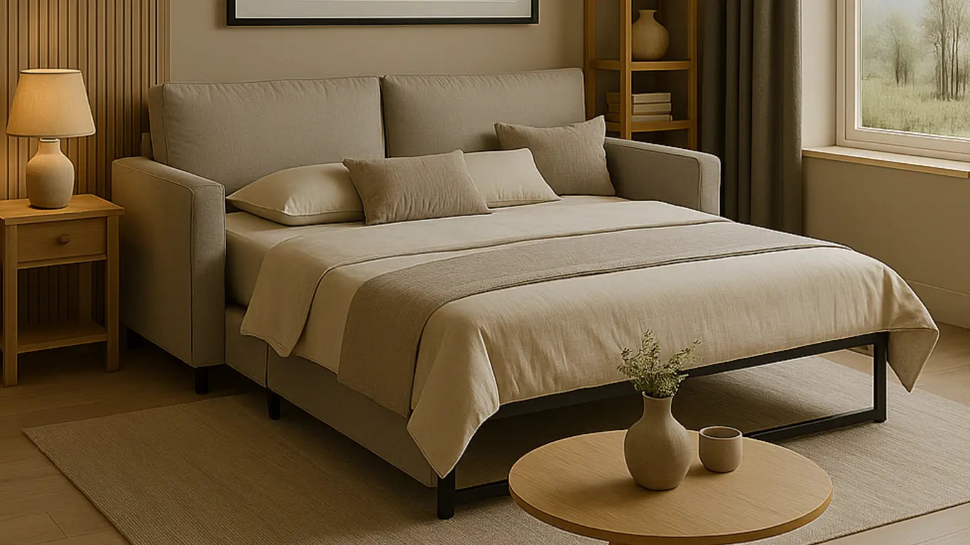 Dormitorio luminoso con sofá cama gris claro extendido, detalles en madera natural y decoración en tonos neutros.