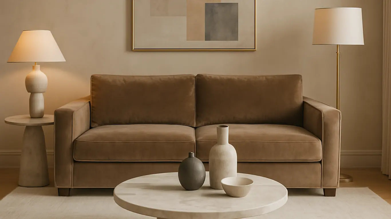 Sala estilo lujo silencioso con sofá aterciopelado, mesa de mármol blanco y detalles metálicos sutiles.