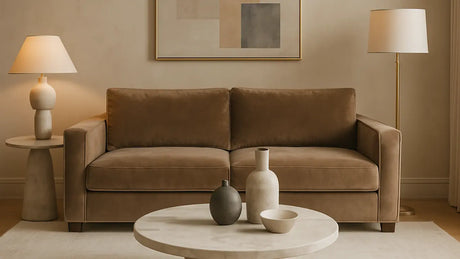 Sala estilo lujo silencioso con sofá aterciopelado, mesa de mármol blanco y detalles metálicos sutiles.
