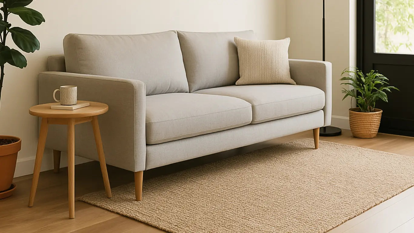 Sala moderna con sofá gris claro de diseño escandinavo, mesa lateral de madera con taza y libro, alfombra de yute y plantas decorativas.