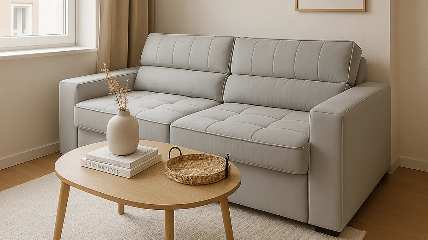 Sala pequeña decorada con un sofá modular gris claro y una mesa de centro de madera con detalles decorativos.