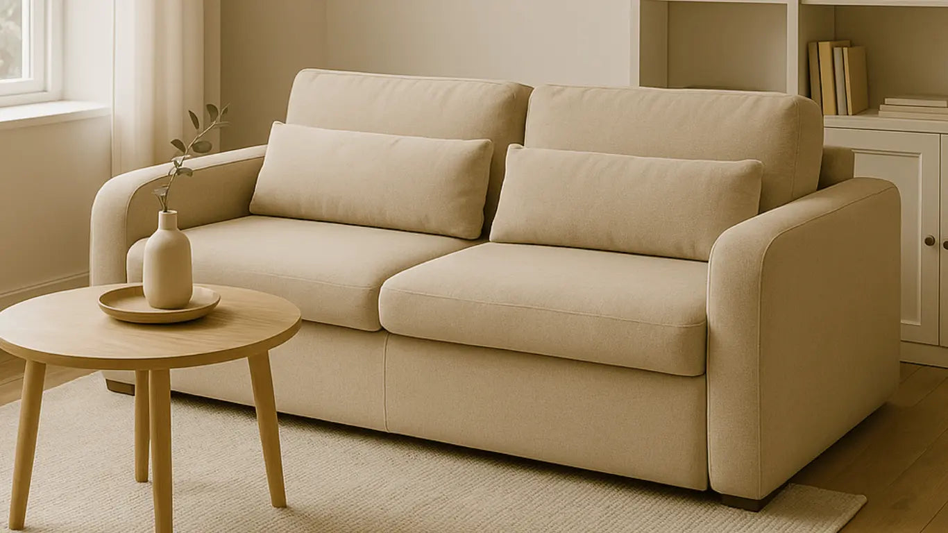 Sofá cama beige en ambiente minimalista, acompañado de mesa auxiliar redonda de madera clara, alfombra tejida y estanterías decorativas al fondo.