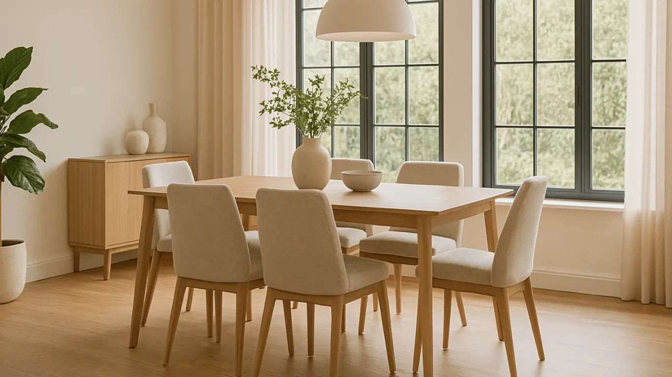 Comedor moderno y luminoso con mesa rectangular de madera y sillas beige, en ambiente armonioso y minimalista.