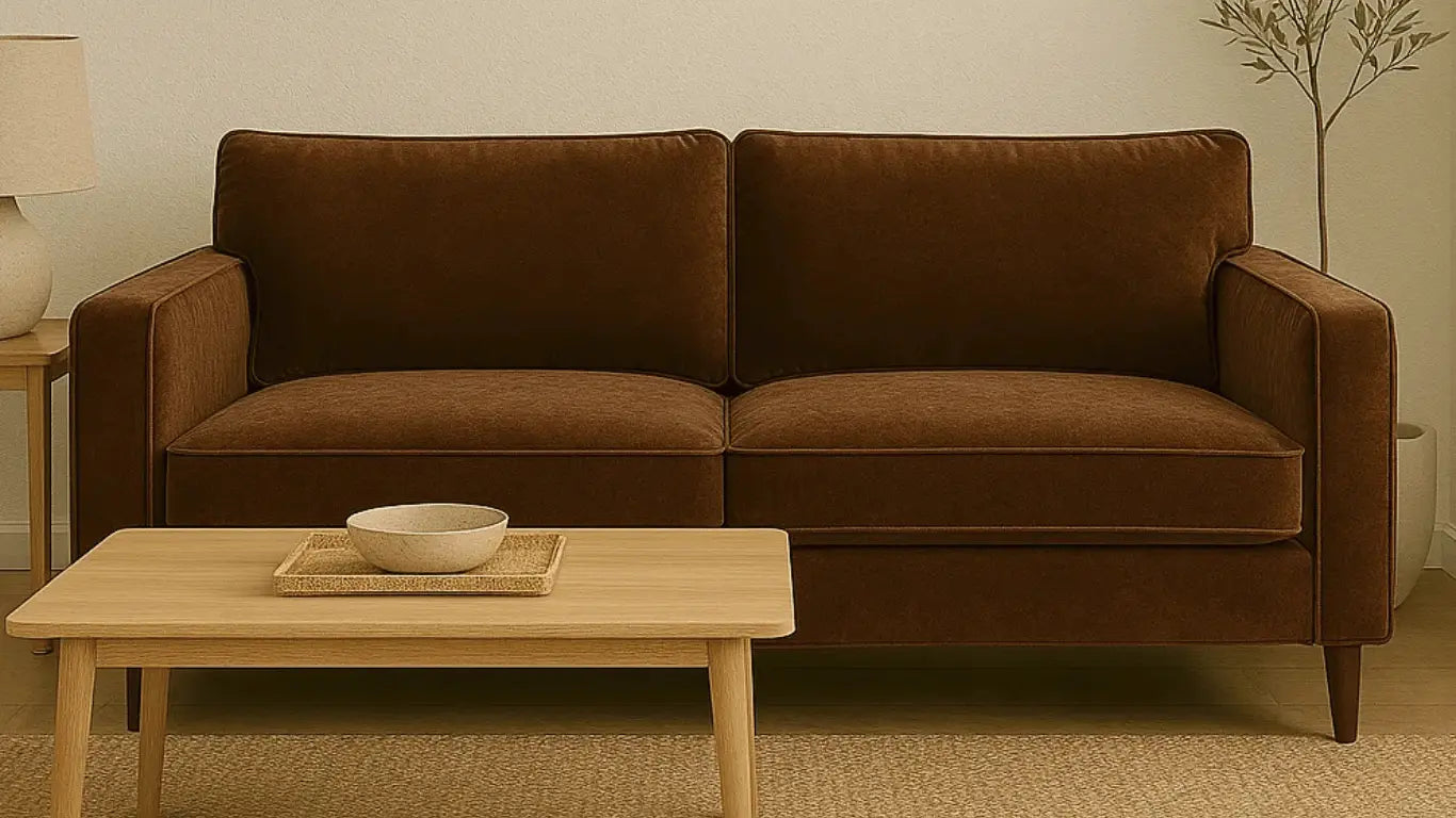 Sofá de terciopelo marrón chocolate con diseño clásico, apoyado sobre patas de madera oscura en sala moderna con decoración neutra.