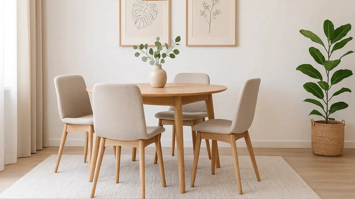 Comedor escandinavo con mesa redonda de madera clara, sillas beige, lámpara de ratán, arte botánico en pared blanca y planta natural en canasto de mimbre.