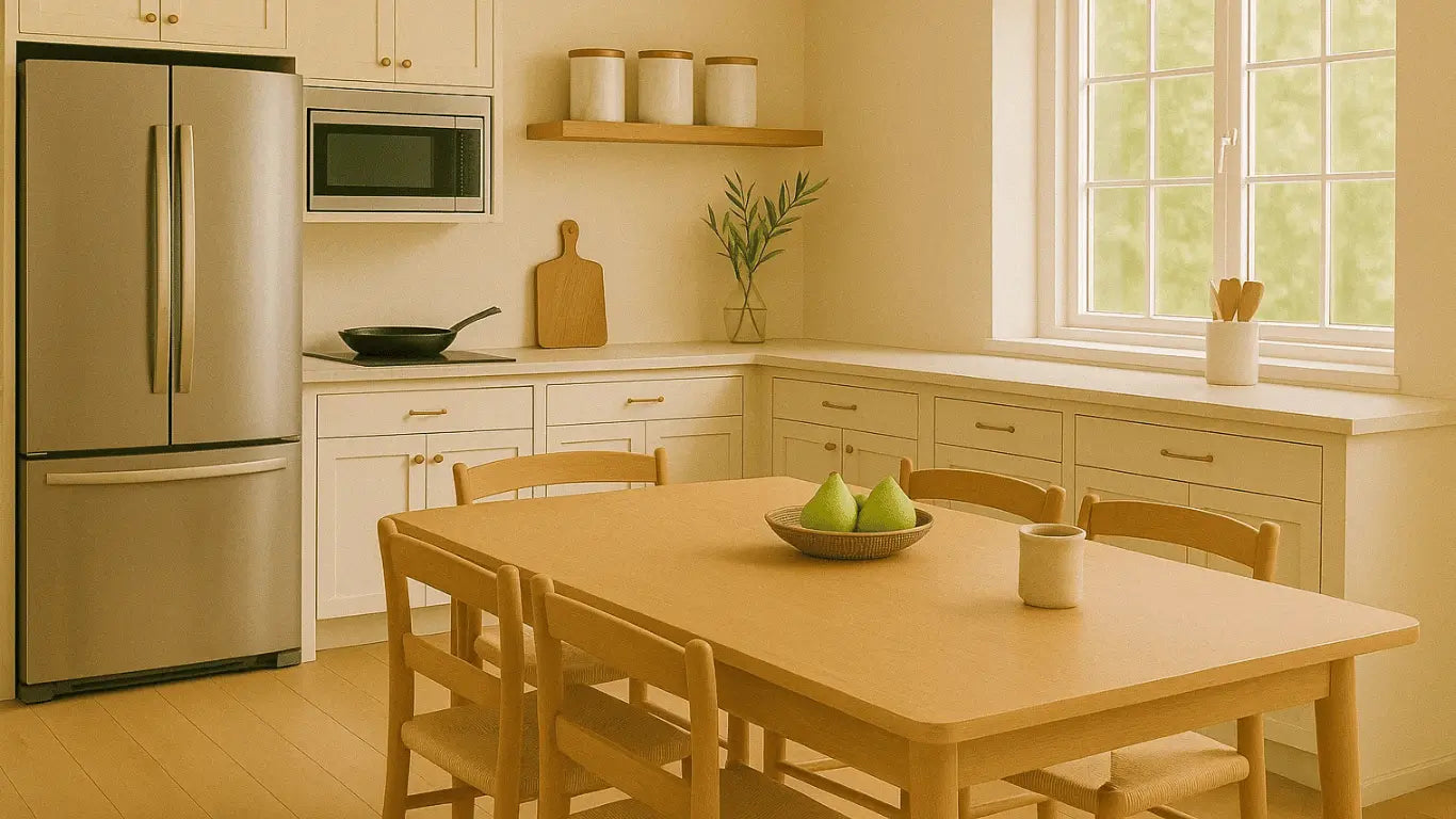 Cocina moderna y luminosa con microondas empotrado, sartén sobre la encimera, frascos decorativos, planta en florero de vidrio y mesa de comedor de madera con sillas.