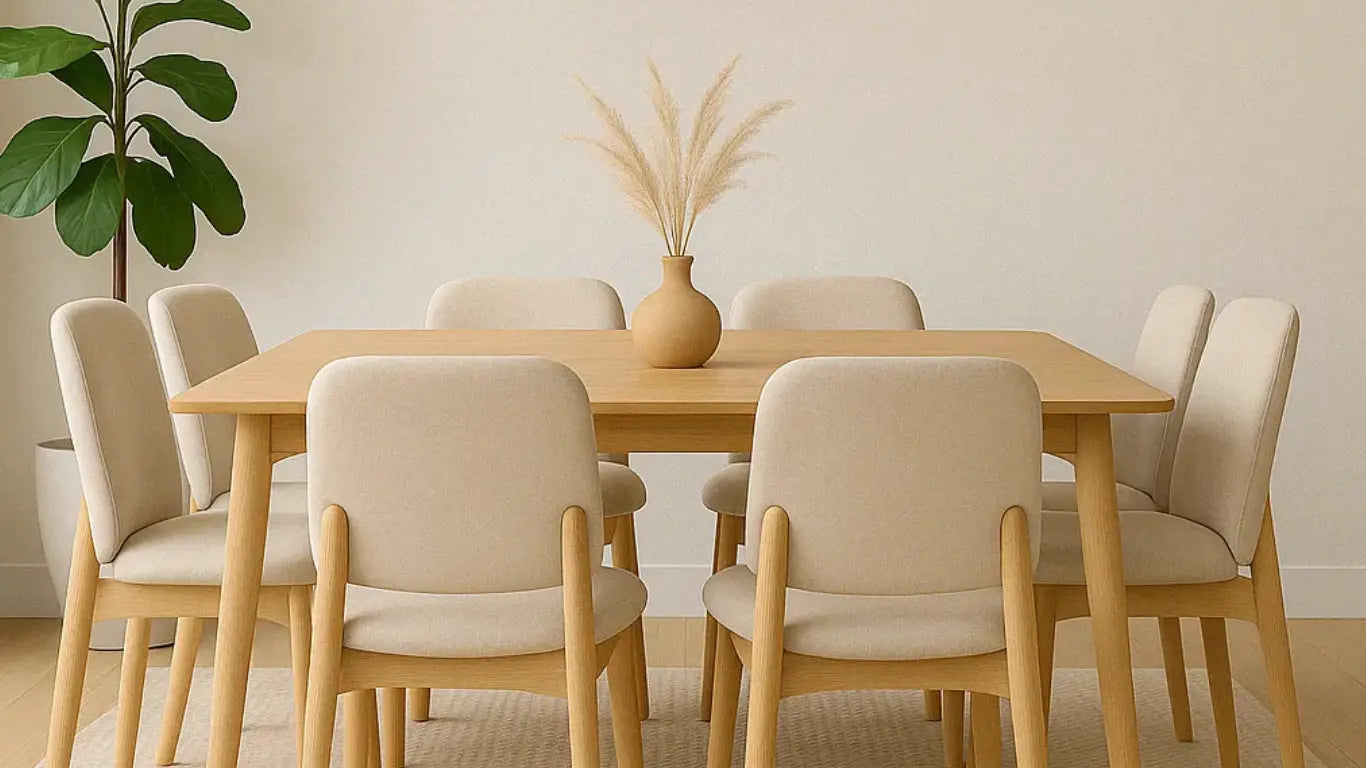 Comedor escandinavo con mesa de madera clara y sillas tapizadas con estructura del mismo tono, sobre alfombra de yute y decorado con planta y lámpara de fibras naturales.