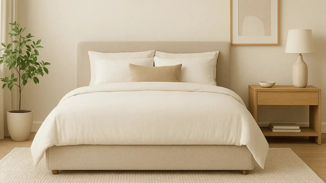 Dormitorio moderno con cama tapizada beige, mesa de noche de madera, planta decorativa y luz natural.