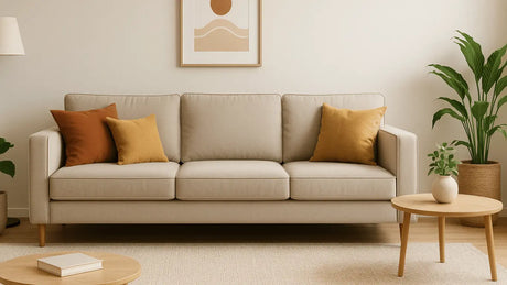 Sofá beige con cojines en tonos mostaza y terracota en sala moderna con luz natural y decoración neutra.