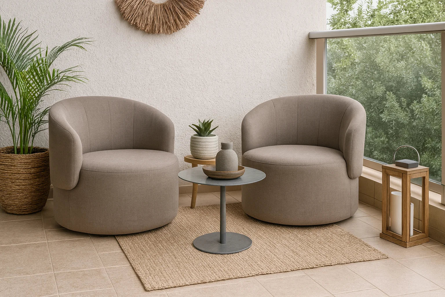Dos poltronas redondas tapizadas en tono arena ubicadas en una terraza decorada con plantas, mesa auxiliar metálica, alfombra de fibra natural y farol de madera