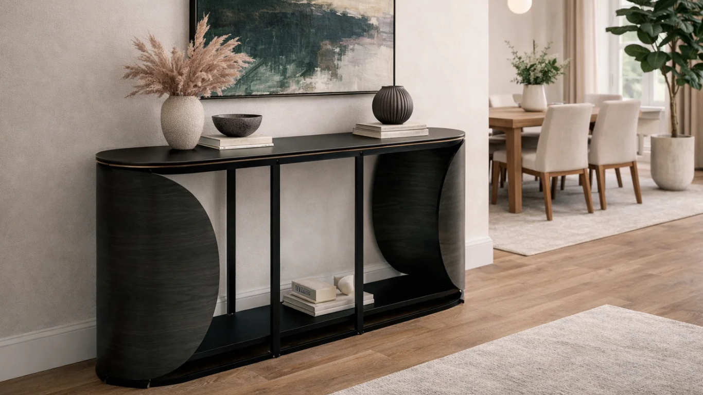 Mesa arrimo Izzy negra ubicada entre living y comedor con estilo moderno