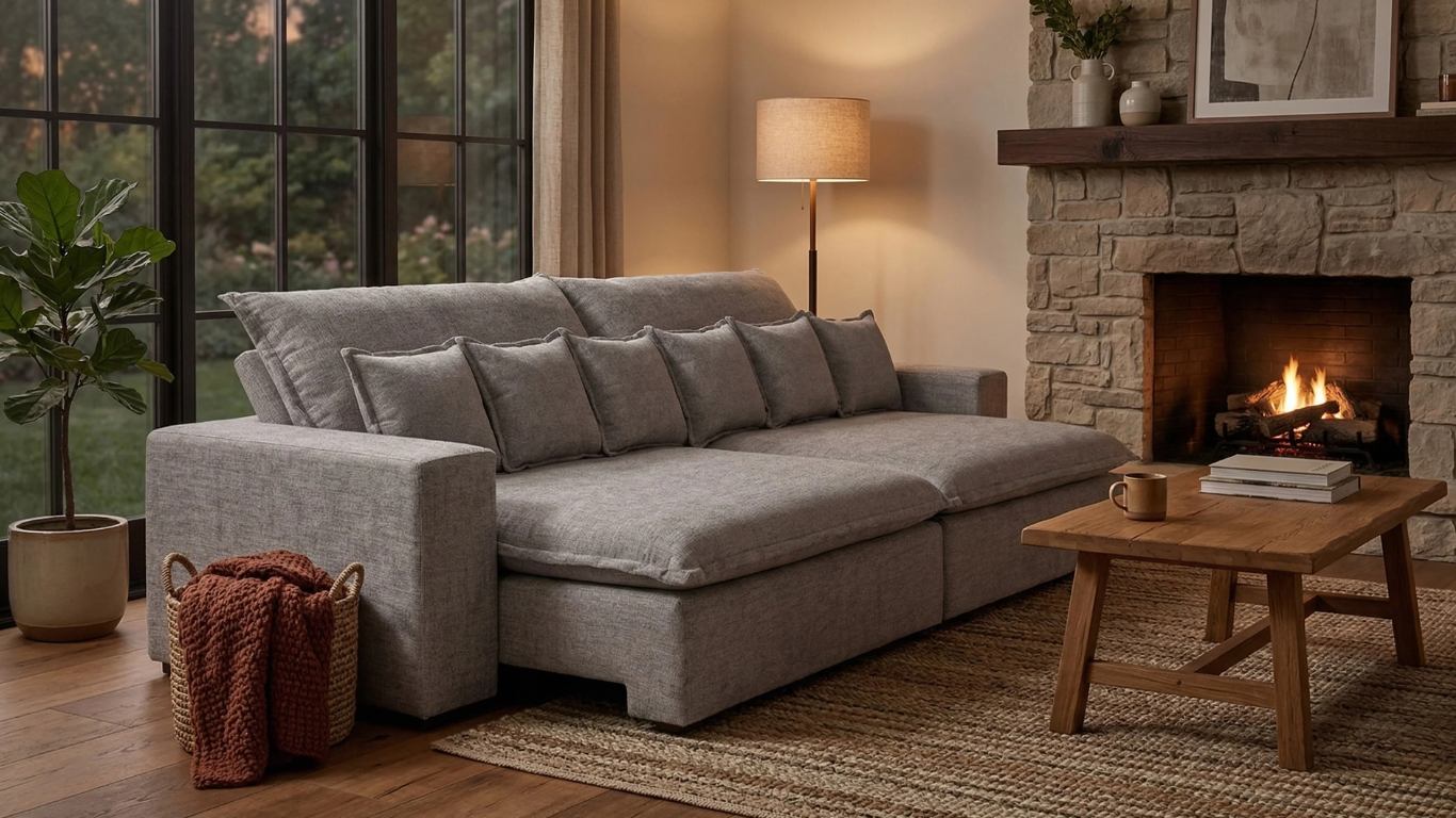 Sofá modelo Moon de textura gris ubicado en una sala de estar cálida y acogedora, junto a una chimenea encendida, una lámpara de pie con luz tenue y detalles decorativos de madera_png