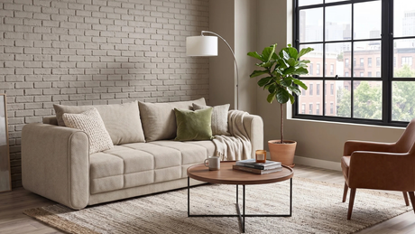 Sala de estar luminosa de estilo loft con pared de ladrillo a la vista pintada de gris. En el centro destaca un amplio sofá cama beige con textura de cuadrícula, acompañado por una mesa ratona redonda de madera, una lámp