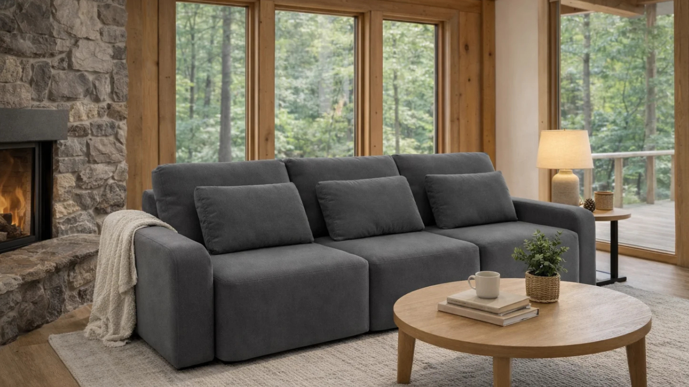 Sofá Portillo de tres módulos en cabaña moderna con chimenea de piedra, estructura de madera, ventanales con vista al bosque y ambiente cálido