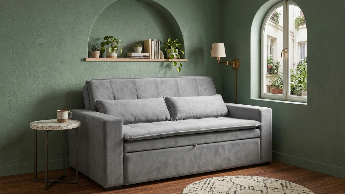 Sofá cama gris modelo Londres en una sala de estar pequeña y acogedora con paredes texturizadas en color verde salvia