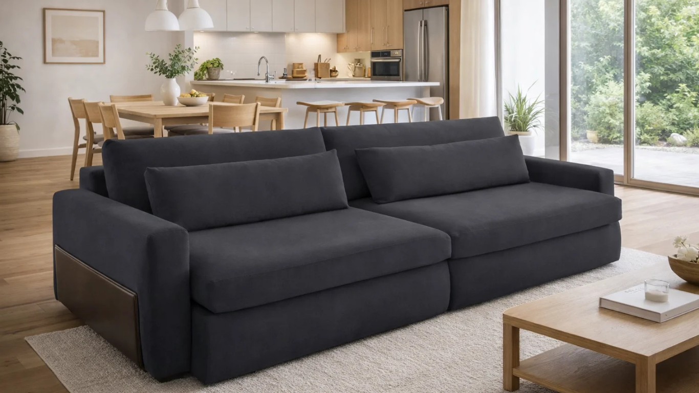 Sofá Litus en cocina comedor integrada, con diseño moderno, mesa de comedor de madera, cocina luminosa y estilo minimalista_png