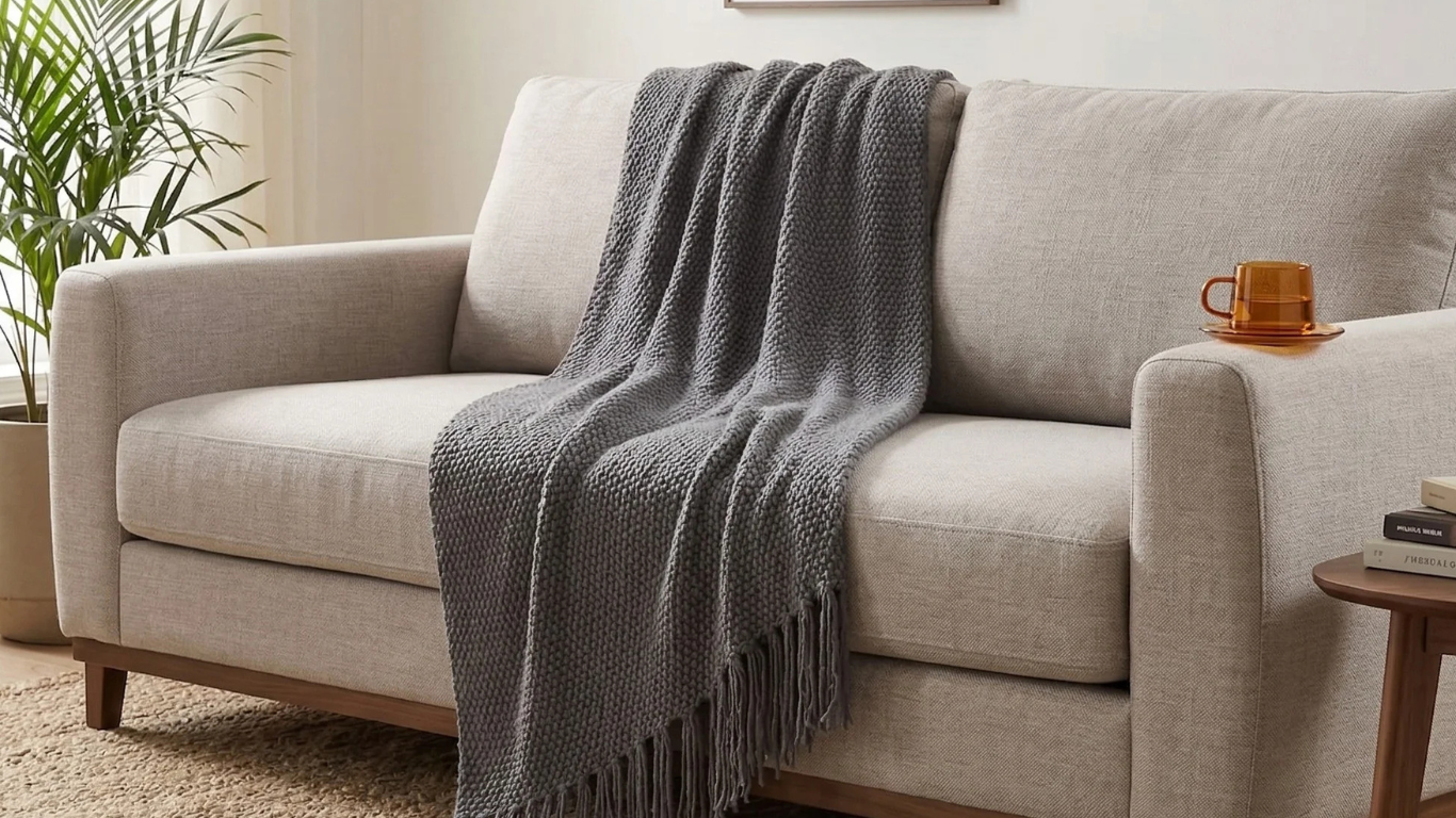 Sofá beige moderno decorado con una acogedora manta de punto grafito en un living luminoso.