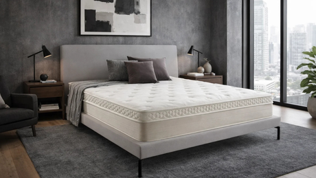 Cama Accordare tapizada en gris con colchón blanco, ambientada en dormitorio moderno urbano con tonos oscuros y ventanales de ciudad.
