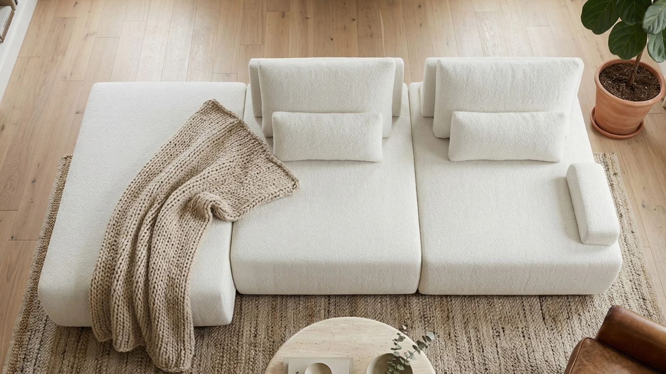 Plano cenital de living acogedor con sofá modular Alba blanco, decorado con una gruesa manta tejida color arena drapeada en el asiento, sobre una alfombra rústica de yute y suelo de madera clara.