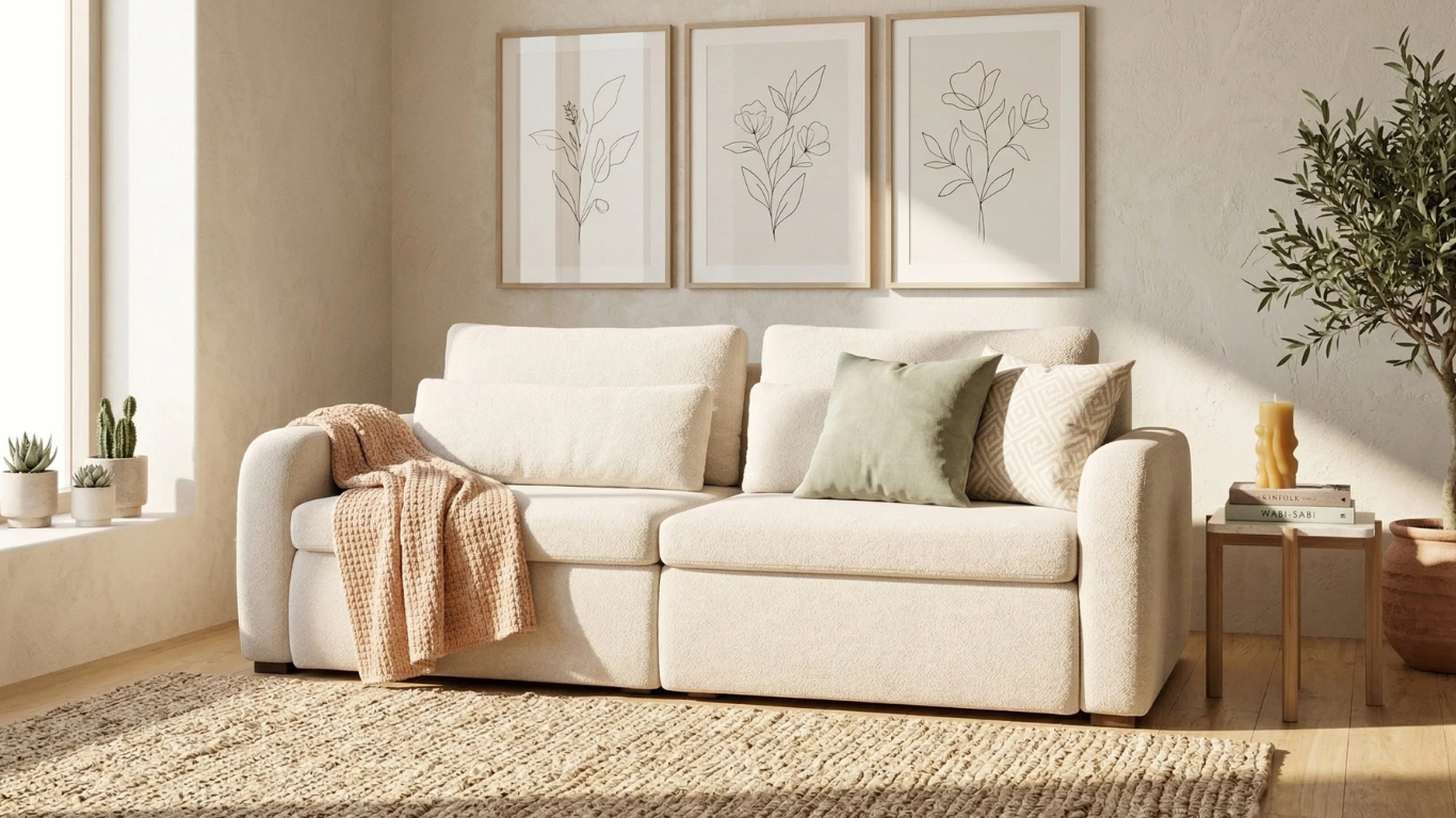 Sofá Treviso con luz natural Sofá de dos plazas de diseño moderno, líneas curvas y aspecto acolchado tapizado en tela color beige claro_png