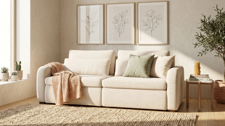 Sofá Treviso con luz natural Sofá de dos plazas de diseño moderno, líneas curvas y aspecto acolchado tapizado en tela color beige claro_png