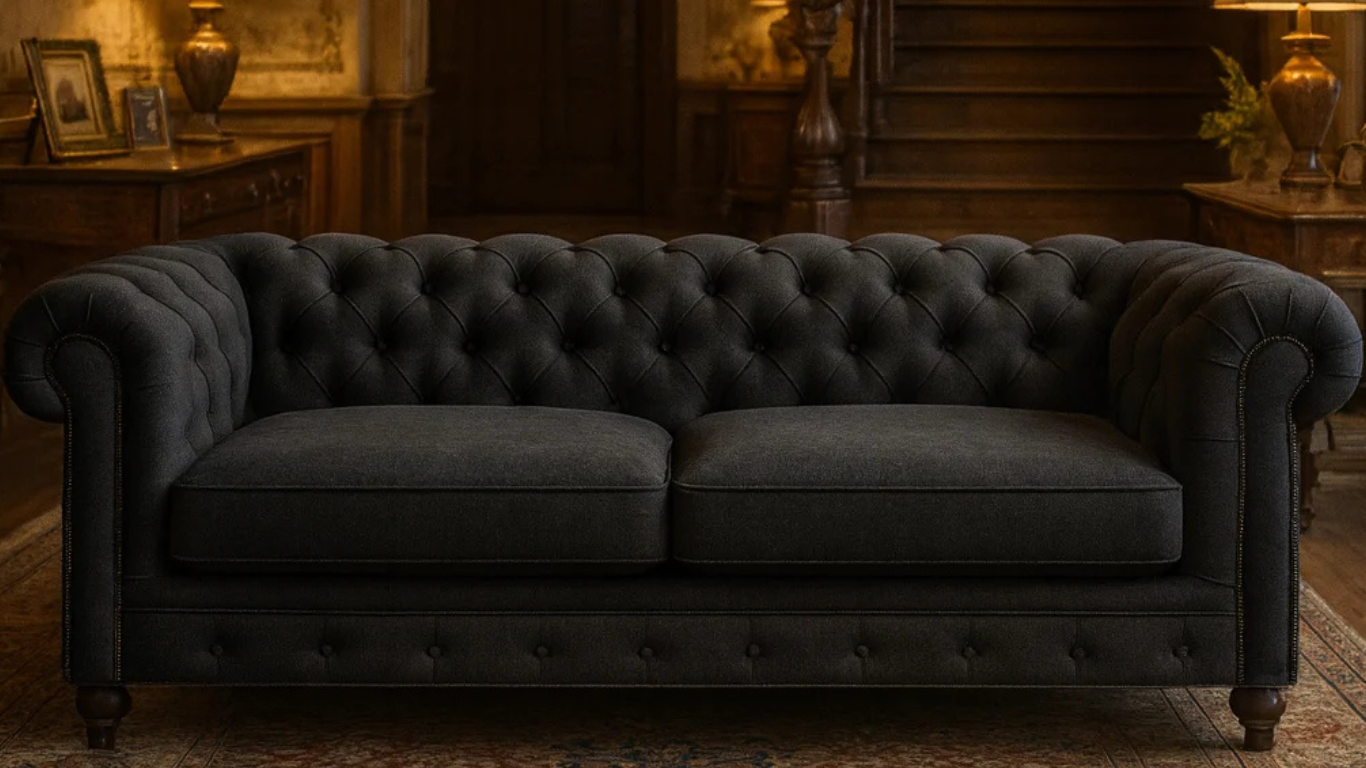 Sofá Chesterfield negro en una elegante casa antigua con escaleras de madera, lámparas de techo grandes y muebles clásicos.