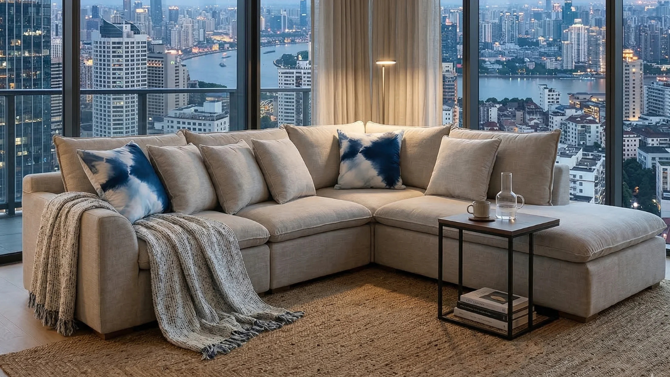 Sofá Atualitta con chaise longue gris claro decorado con manta celeste texturizada y cojines Batik azul frente a ventanales de ciudad_png