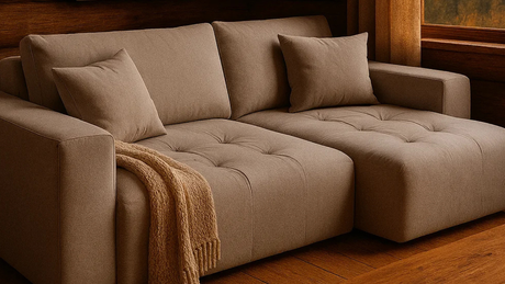 Sofá Cama Duomo en cabaña de troncos con vista al bosque al atardecer