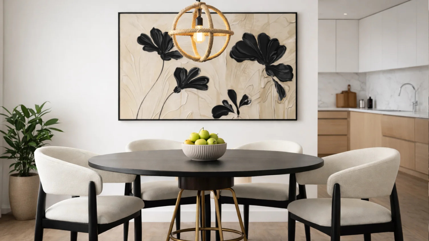 Comedor moderno con mesa Rita negra, sillas Isabely claras, cuadro floral de Re Decora, lámpara Gales y bandeja gris con frutas, con cocina integrada y plantas decorativas_png