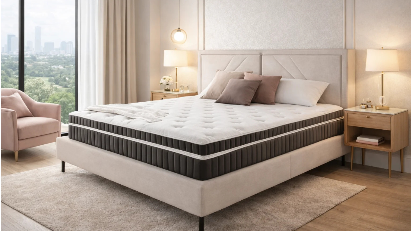 Cama Florenza beige en dormitorio de hotel elegante con detalles en madera y estilo sofisticado