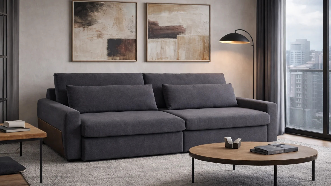 Sofá Litus gris oscuro en living moderno con mesa de centro redonda de madera, alfombra clara, lámpara de pie negra y cuadros abstractos en pared, integrado en un departamento contemporáneo con vista urbana_png