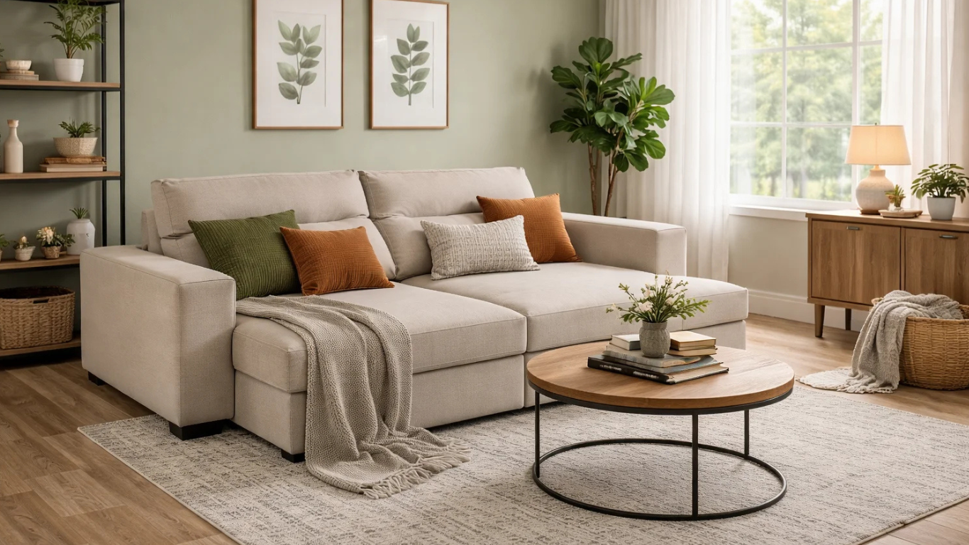 Sofá Houston extensible en sala de estar luminosa y actual