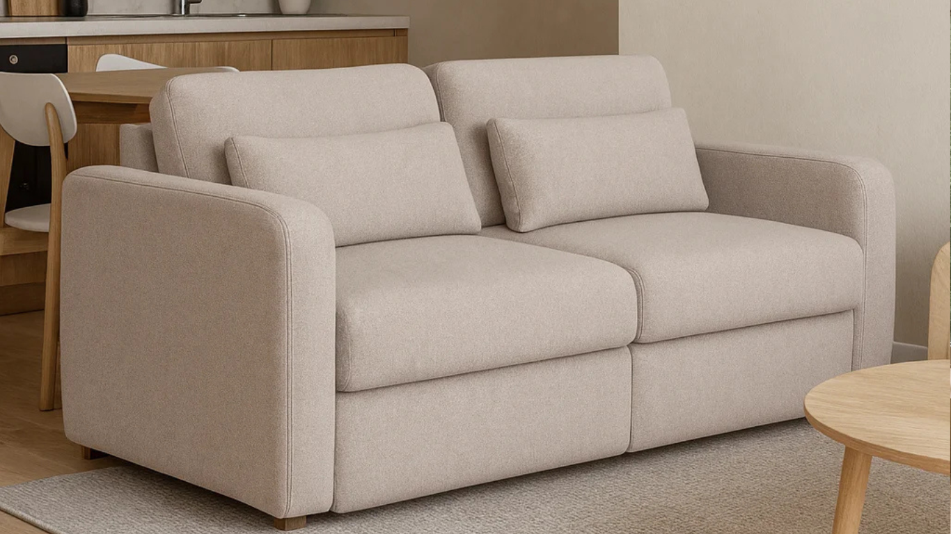 Sofá beige de dos cuerpos ubicado en un living comedor moderno, con cocina de fondo en madera clara, mesada de mármol y decoración minimalista en tonos neutros_png