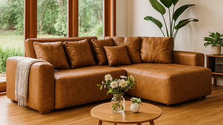 Sofá Albany en el centro de una sala moderna con ventanales de madera y vidrio, piso cálido, flores frescas y plantas ornamentales.