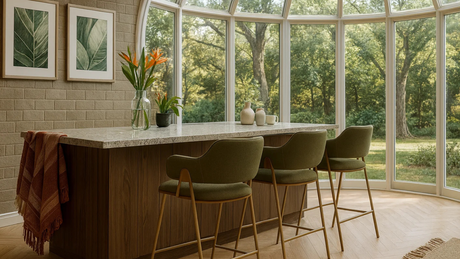 Tres pisos bar tapizados en verde oliva en una cocina moderna dentro de un domo acristalado, con un desayunador de madera y vistas al bosque