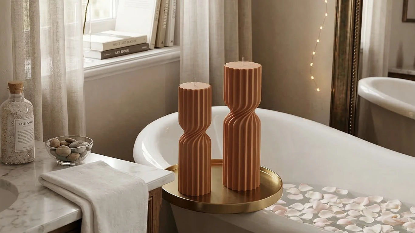 Baño elegante con bañera independiente y velas decorativas terracota, bandeja dorada y pétalos de rosa.