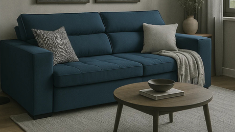 Sala moderna con el Sofá Toquio azul petróleo, paredes grises, mesa de centro de madera oscura y cuadros abstractos en tonos fríos_png