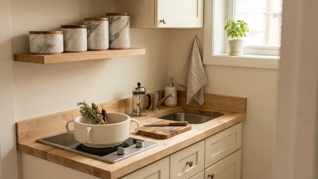Cocina compacta con muebles de madera clara, estantes decorativos y accesorios funcionales en departamento pequeño